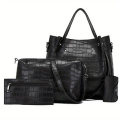 4Pcs Crocodile Embossed Bag Set Women's Handbags with Crossbody Bag & Clutch Pur