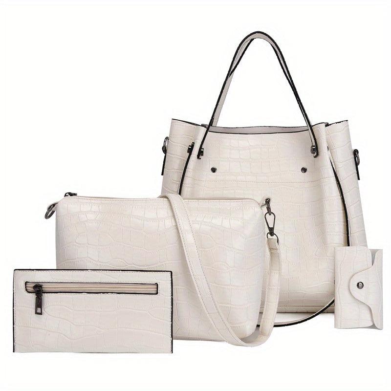 4Pcs Crocodile Embossed Bag Set Women's Handbags with Crossbody Bag & Clutch Pur