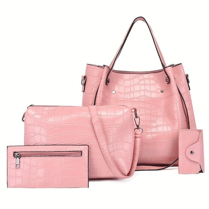 4Pcs Crocodile Embossed Bag Set Women's Handbags with Crossbody Bag & Clutch Pur