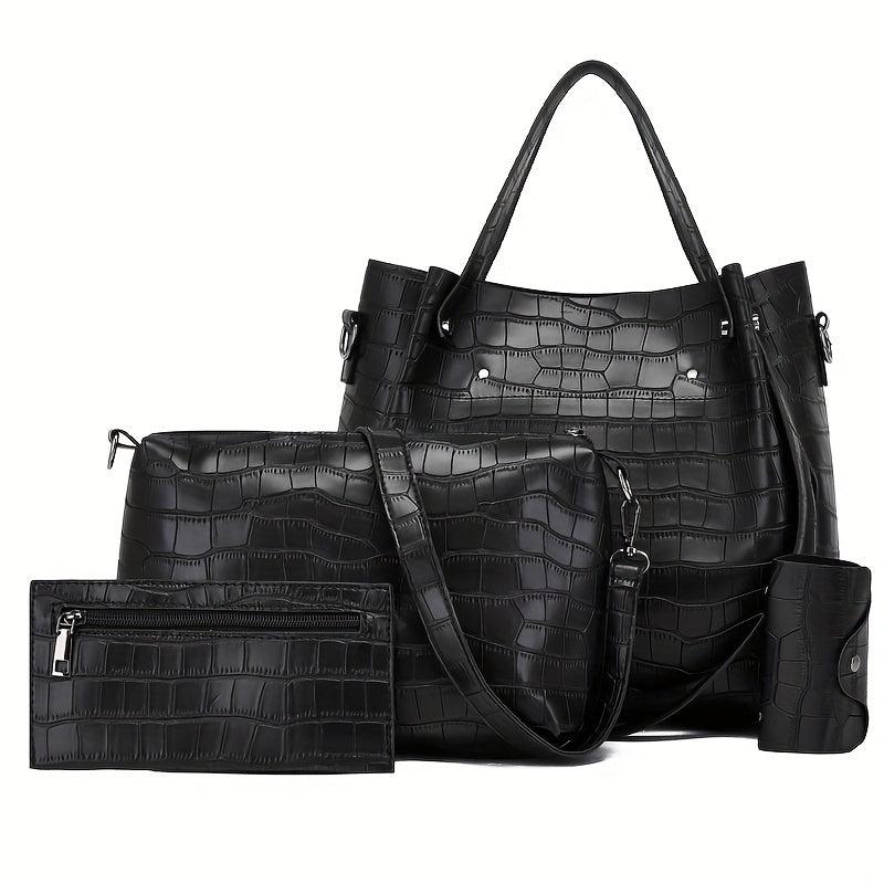 4Pcs Crocodile Embossed Bag Set Women's Handbags with Crossbody Bag & Clutch Pur