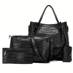 4Pcs Crocodile Embossed Bag Set Women's Handbags with Crossbody Bag & Clutch Pur