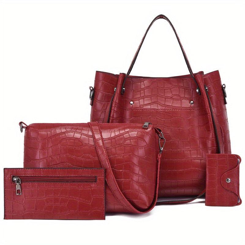 4Pcs Crocodile Embossed Bag Set Women's Handbags with Crossbody Bag & Clutch Pur