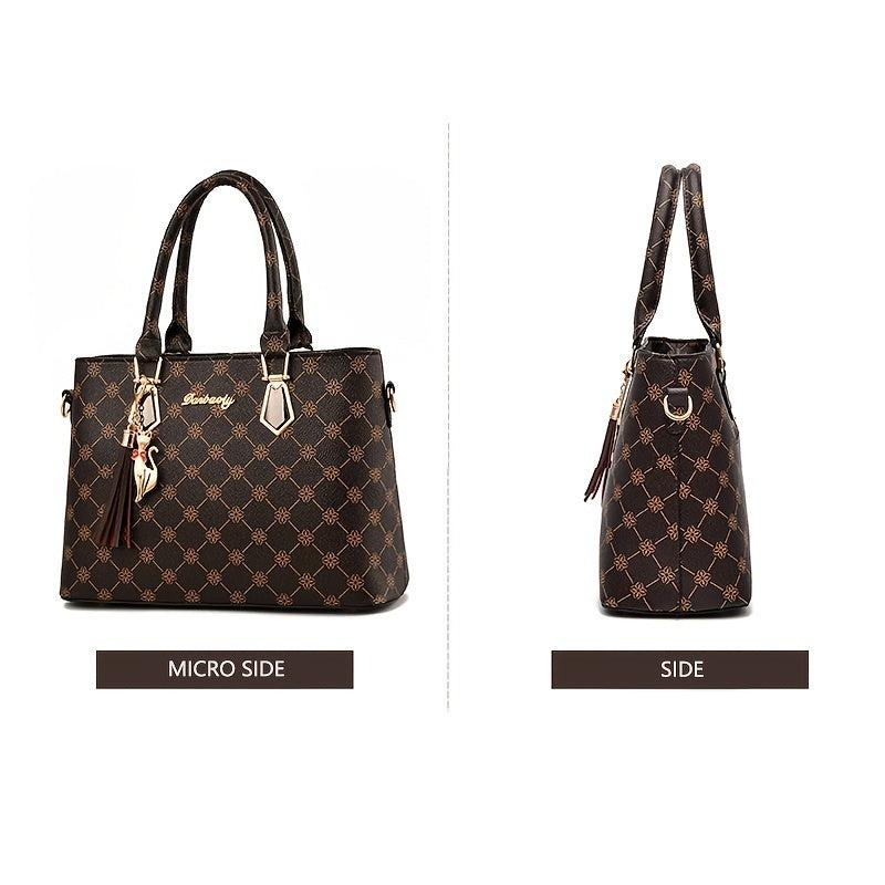 2pcs Geometric Pattern Tote Bag Set Tassel Decor Shoulder Handbag