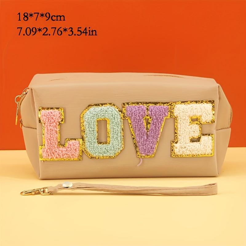 LOVE Embroidered Letter Zipper Cosmetics Bag Octagonal Square Toiletry Bag