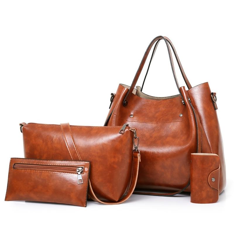 4pcs Retro Tote Bag Set PU Leather Handbag Crossbody Clutch Purse Card Holder
