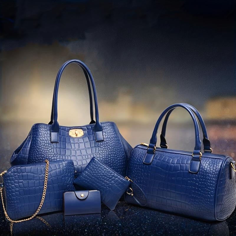 5pcs Crocodile Pattern Tote Bag Set Women's Vegan Leather Handbag