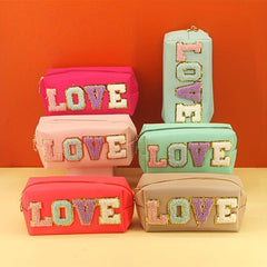 Love Embroidered Cosmetics Bag Soft Handle Storage Bag Zipper Toiletry Bag