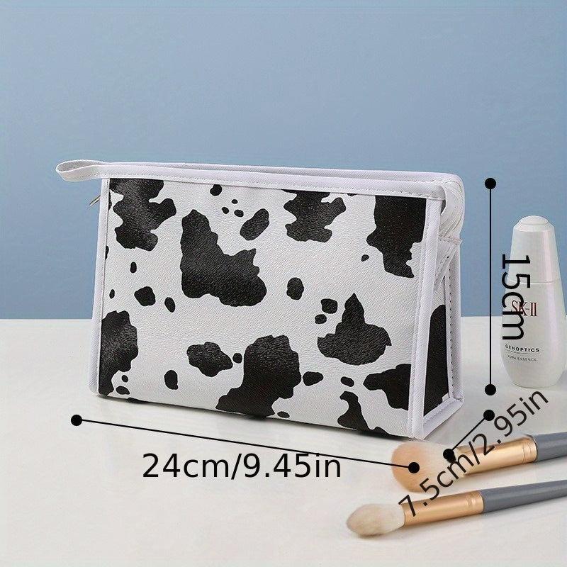 Cow Pattern Handheld Waterproof Cosmetic Bag PU Leather Makeup Storage Organizer