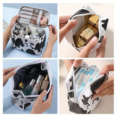 Cow Pattern Handheld Waterproof Cosmetic Bag PU Leather Makeup Storage Organizer