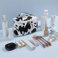 Cow Pattern Handheld Waterproof Cosmetic Bag PU Leather Makeup Storage Organizer