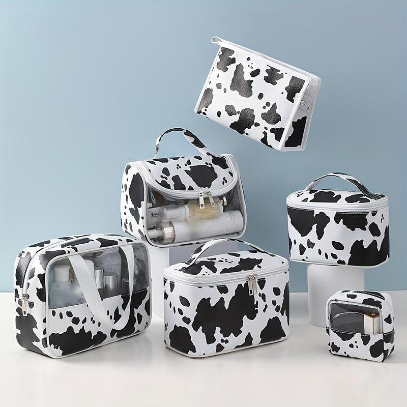 Cow Pattern Handheld Waterproof Cosmetic Bag PU Leather Makeup Storage Organizer