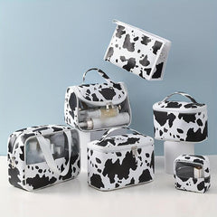 Cow Pattern Handheld Waterproof Cosmetic Bag PU Leather Makeup Storage Organizer