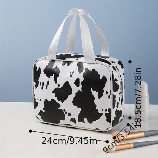 Cow Pattern Handheld Waterproof Cosmetic Bag PU Leather Makeup Storage Organizer