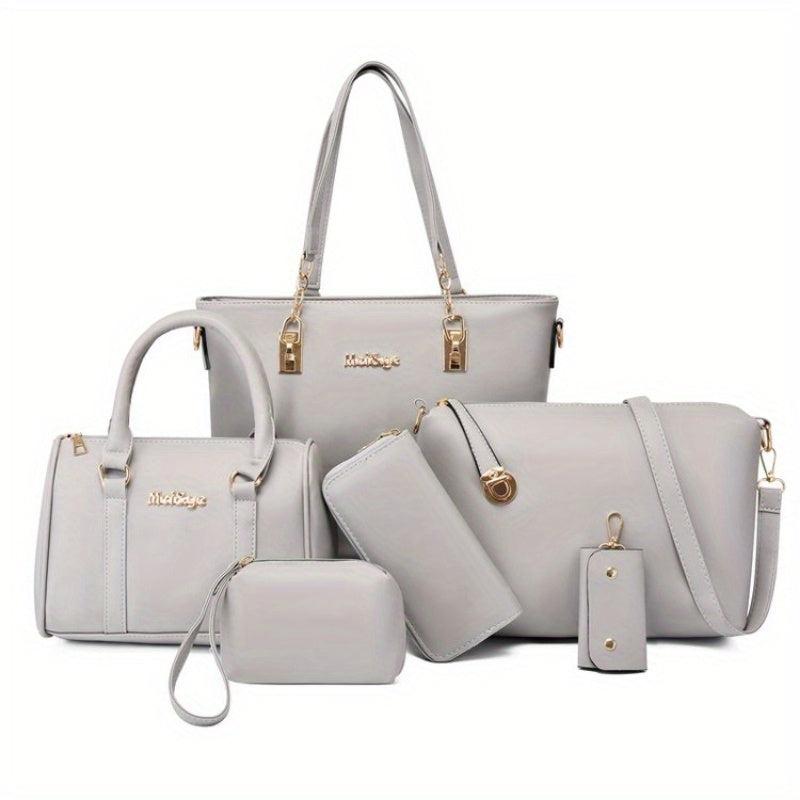 6Pcs Tote Bag Set PU Leather Textured Shoulder Bag Casual Commuter Bag