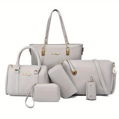 6Pcs Tote Bag Set PU Leather Textured Shoulder Bag Casual Commuter Bag