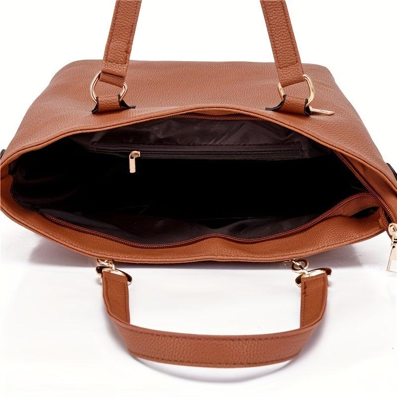 6Pcs Tote Bag Set PU Leather Textured Shoulder Bag Casual Commuter Bag