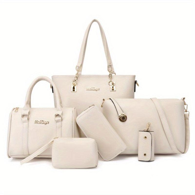 6Pcs Tote Bag Set PU Leather Textured Shoulder Bag Casual Commuter Bag