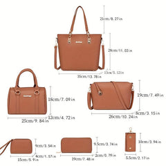 6Pcs Tote Bag Set PU Leather Textured Shoulder Bag Casual Commuter Bag