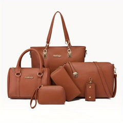 6Pcs Tote Bag Set PU Leather Textured Shoulder Bag Casual Commuter Bag