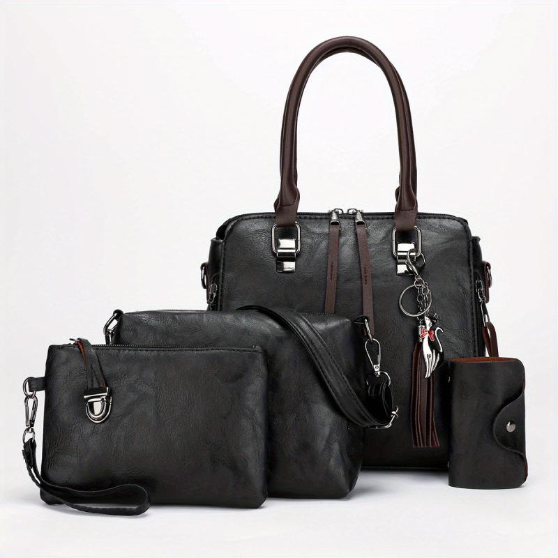 4Pcs Vintage Shoulder Bag Set Women's Handbag & Crossbody Bag & Clutch Purse
