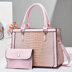 Crocodile Embossed Bag Set - Classic Tote Bag With Clutch Wallet