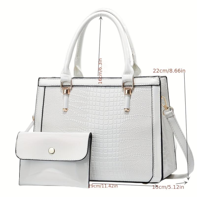 Crocodile Embossed Bag Set - Classic Tote Bag With Clutch Wallet