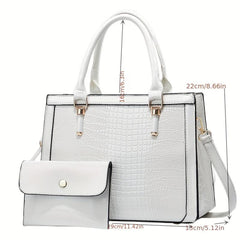 Crocodile Embossed Bag Set - Classic Tote Bag With Clutch Wallet