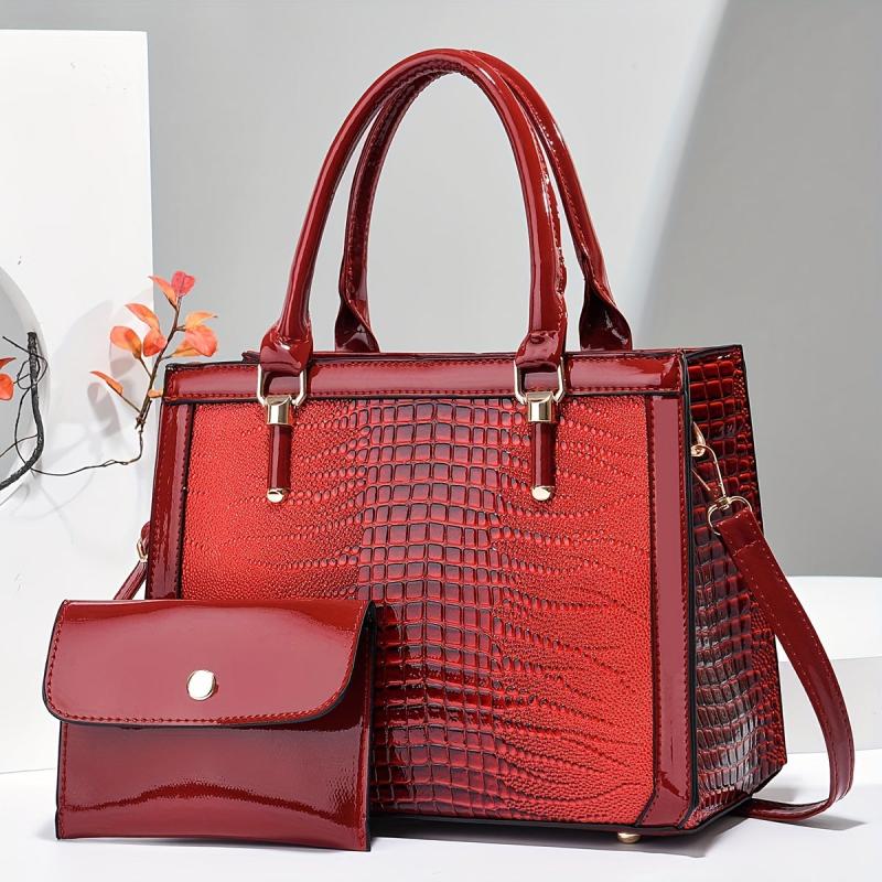 Crocodile Embossed Bag Set - Classic Tote Bag With Clutch Wallet
