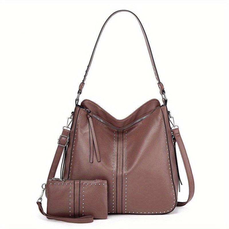 2Pcs Studded Hobo Bag Set Large Capacity Shoulder Bag Faux Leather Tote Bag