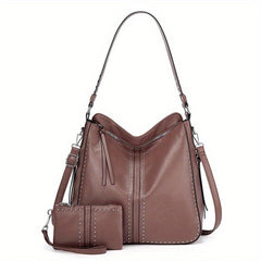 2Pcs Studded Hobo Bag Set Large Capacity Shoulder Bag Faux Leather Tote Bag