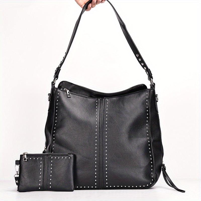 2Pcs Studded Hobo Bag Set Large Capacity Shoulder Bag Faux Leather Tote Bag