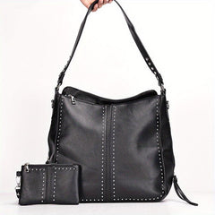 2Pcs Studded Hobo Bag Set Large Capacity Shoulder Bag Faux Leather Tote Bag