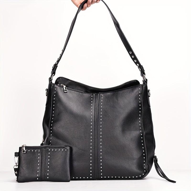 2Pcs Studded Hobo Bag Set Large Capacity Shoulder Bag Faux Leather Tote Bag