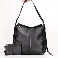 2Pcs Studded Hobo Bag Set Large Capacity Shoulder Bag Faux Leather Tote Bag