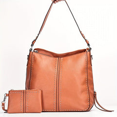 2Pcs Studded Hobo Bag Set Large Capacity Shoulder Bag Faux Leather Tote Bag