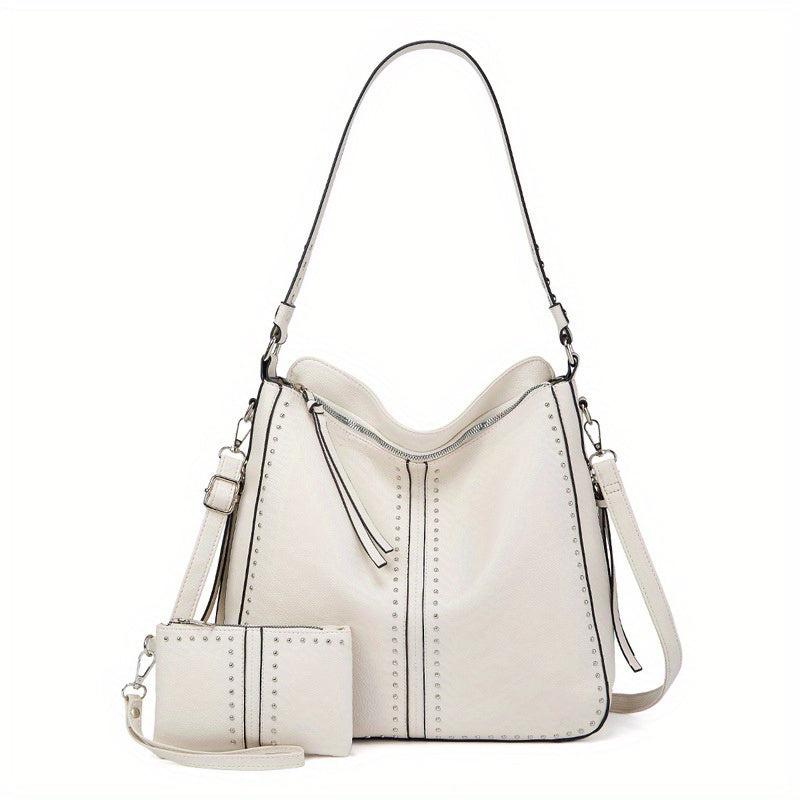 2Pcs Studded Hobo Bag Set Large Capacity Shoulder Bag Faux Leather Tote Bag