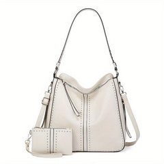 2Pcs Studded Hobo Bag Set Large Capacity Shoulder Bag Faux Leather Tote Bag