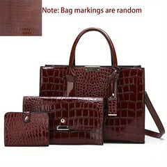 Crocodile Embossed Hand Bag Set with Shoulder Bag, Clutch Purse & Card Bag
