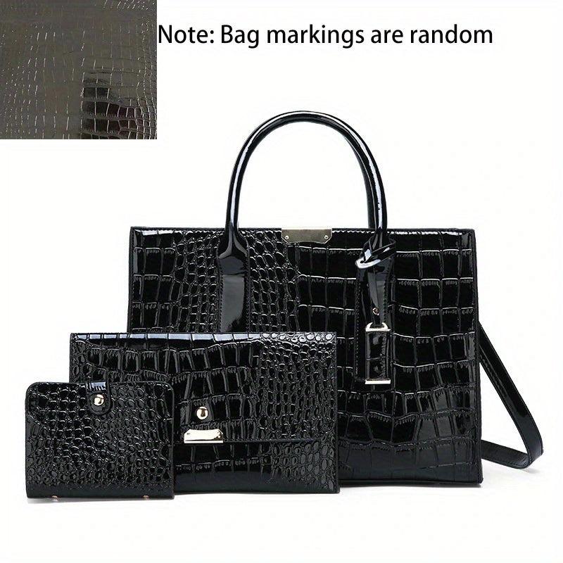Crocodile Embossed Hand Bag Set with Shoulder Bag, Clutch Purse & Card Bag