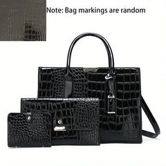 Crocodile Embossed Hand Bag Set with Shoulder Bag, Clutch Purse & Card Bag