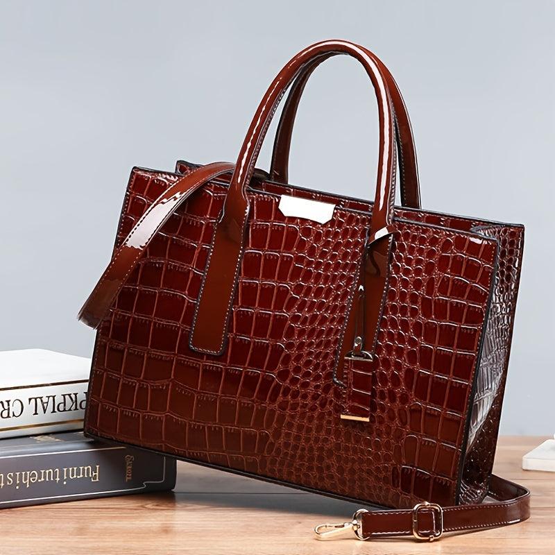 Crocodile Embossed Hand Bag Set with Shoulder Bag, Clutch Purse & Card Bag