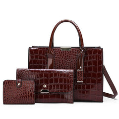 Crocodile Embossed Hand Bag Set with Shoulder Bag, Clutch Purse & Card Bag