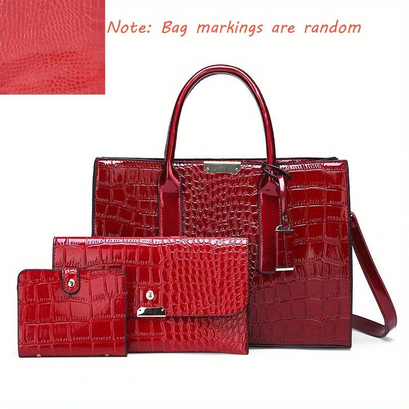 Crocodile Embossed Hand Bag Set with Shoulder Bag, Clutch Purse & Card Bag