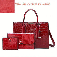 Crocodile Embossed Hand Bag Set with Shoulder Bag, Clutch Purse & Card Bag
