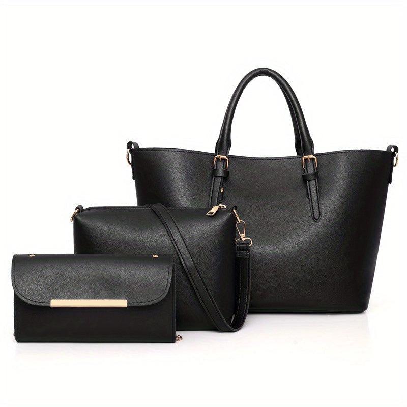 3pcs Solid Tote Bag Set Women's Handbag With Chain Crossbody Bag