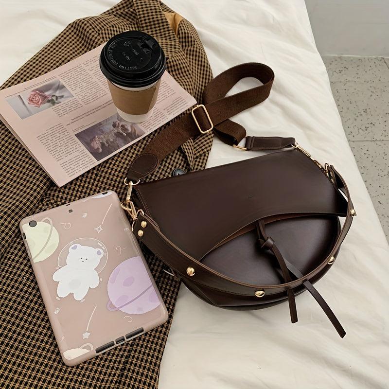 Vintage Minimalist Saddle Bag Solid Shoulder Bag With Crossbody Bag