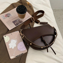 Vintage Minimalist Saddle Bag Solid Shoulder Bag With Crossbody Bag