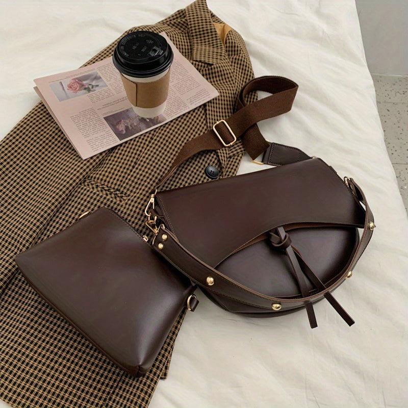 Vintage Minimalist Saddle Bag Solid Shoulder Bag With Crossbody Bag