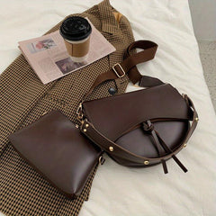 Vintage Minimalist Saddle Bag Solid Shoulder Bag With Crossbody Bag