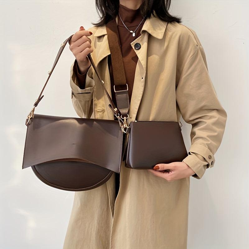 Vintage Minimalist Saddle Bag Solid Shoulder Bag With Crossbody Bag